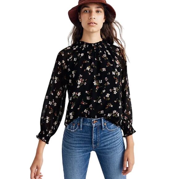 Madewell Floral Backyard Blooms Smocked Mockneck Sheer Top XS - Picture 1 of 14